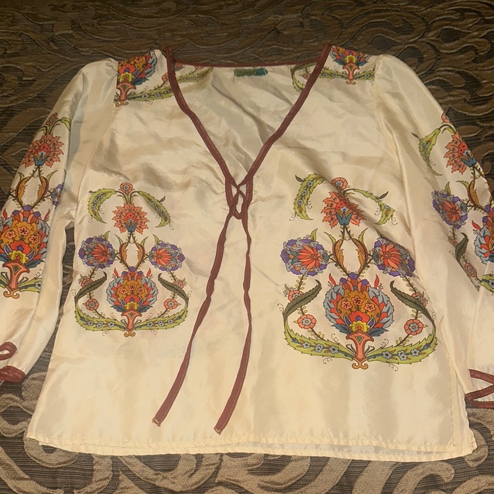 House of Petro Zillow Silk Floral Embroidered Print Blouse